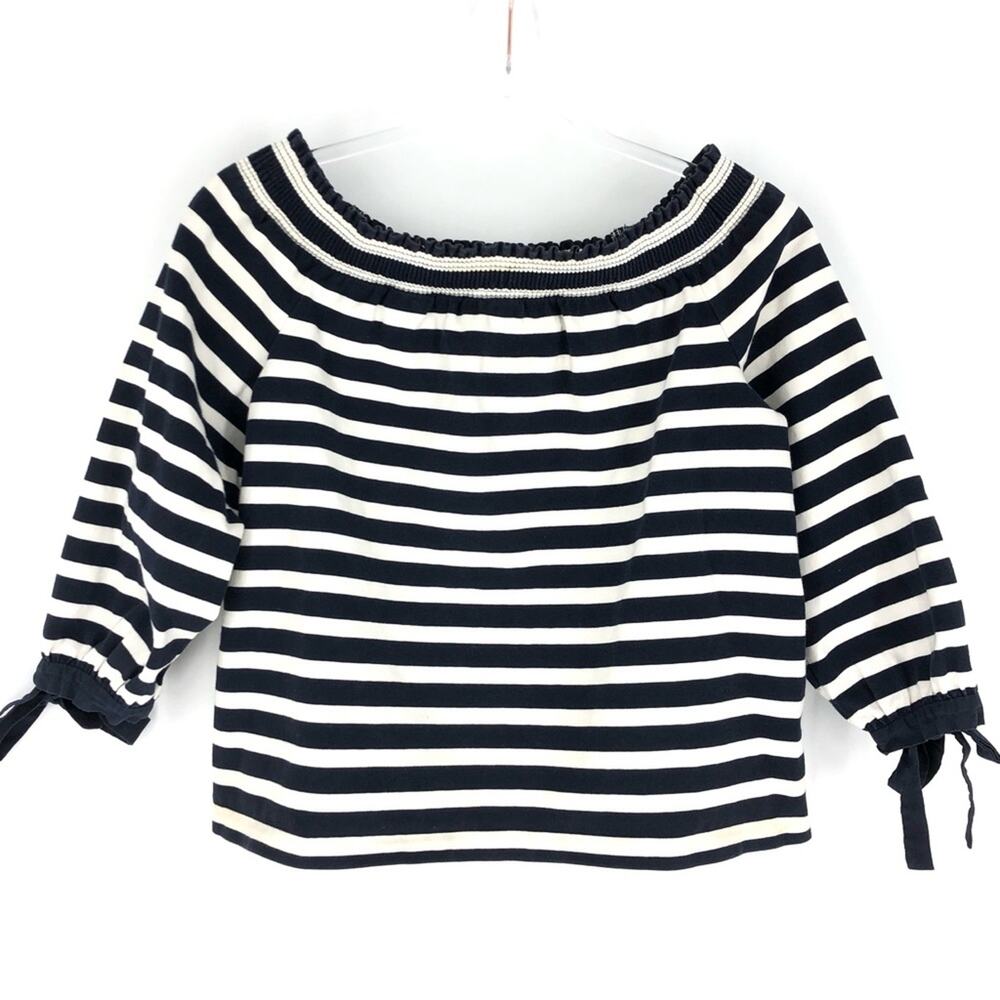J. Crew‎ Off the Shoulder Navy and White Striped Top with Tie Sleeve Detail S